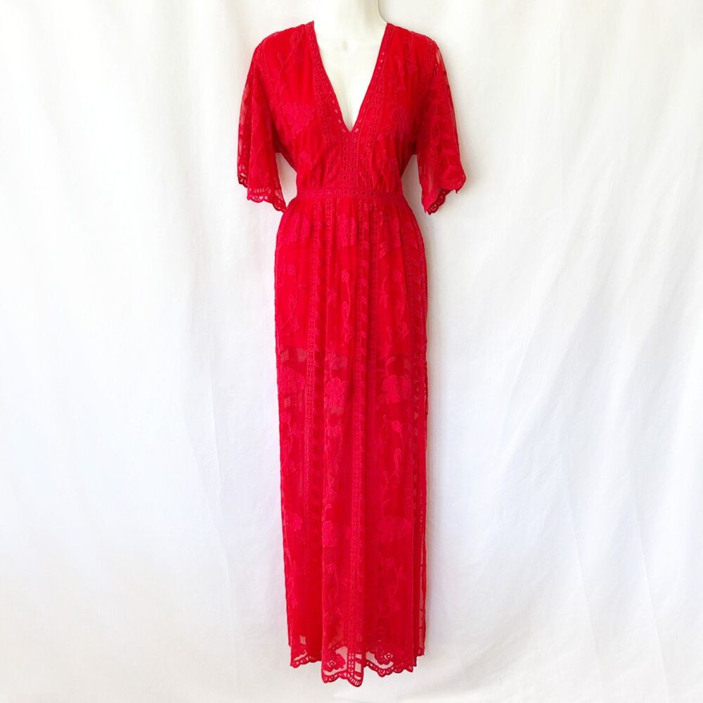 Socialite Red Sheer Lace Maxi Dress Romper Shorts (XL) Garden Wedding Party - Picture 2 of 15